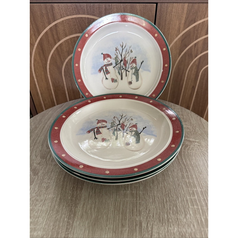 Set Of 4 Snowmen Dinner Plates Royal Seasons Stoneware 9.75